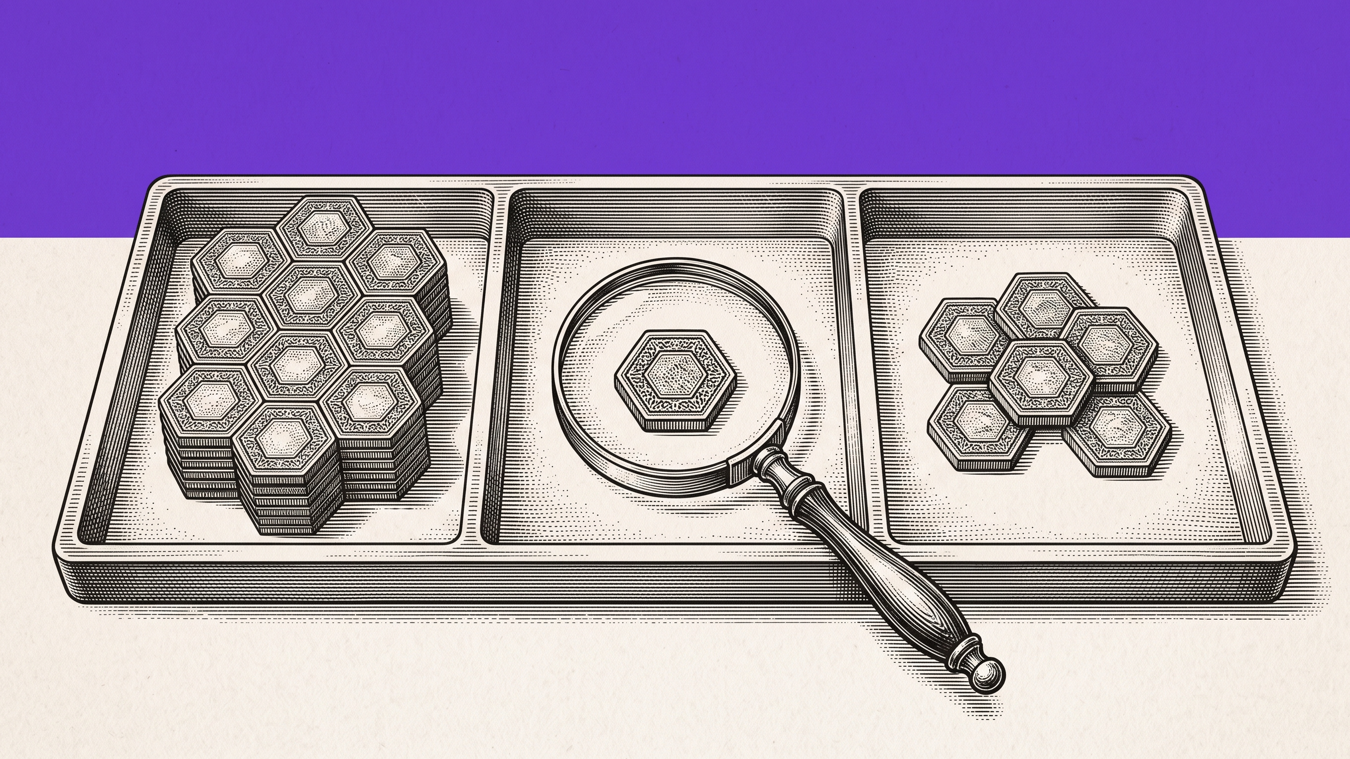 Three engraved tray compartments show retaining a suite, inspecting one tile, and moving a small cluster.