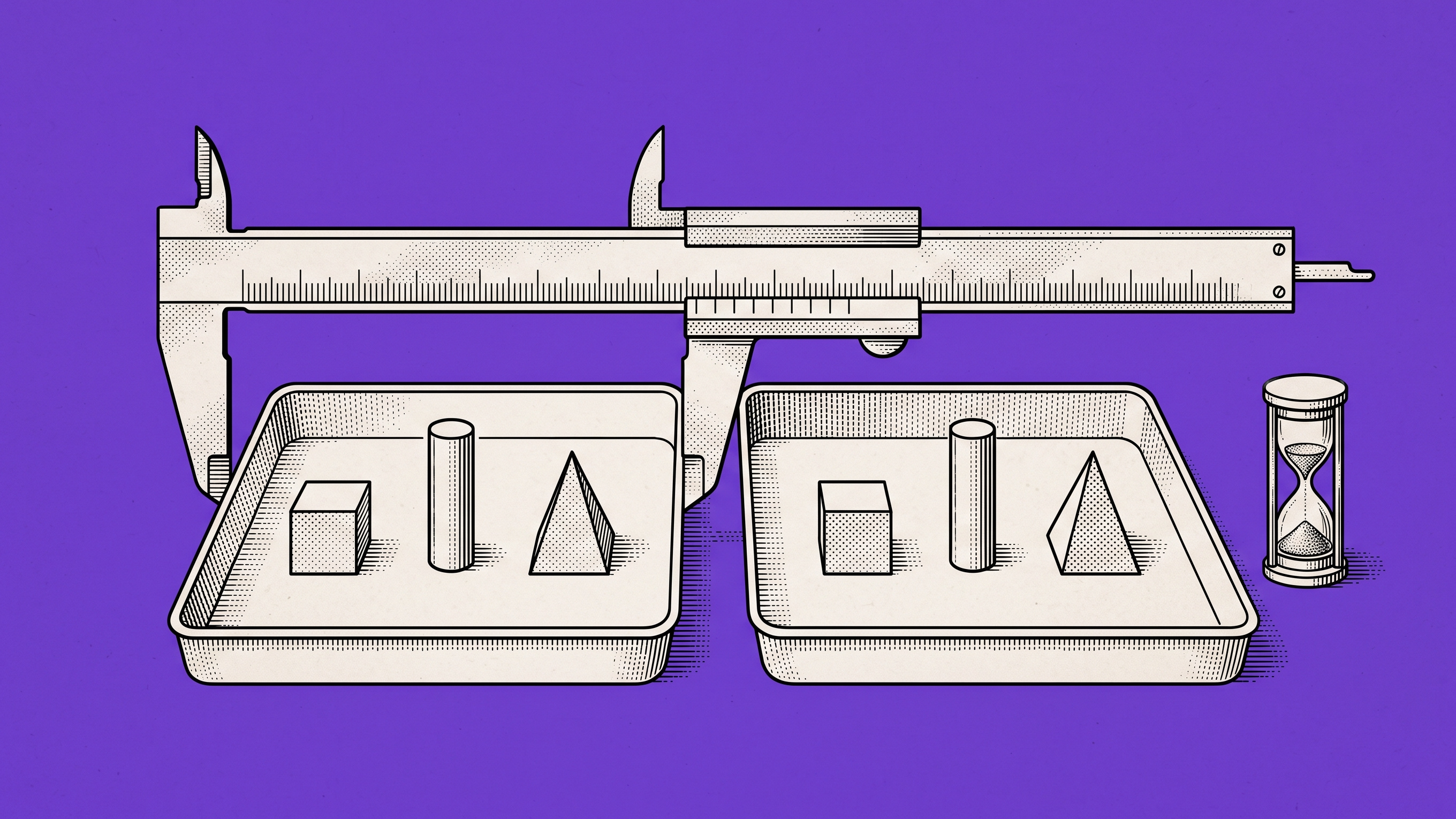 Matching engraved sample trays, a shared caliper and an hourglass represent a bounded parity pilot.