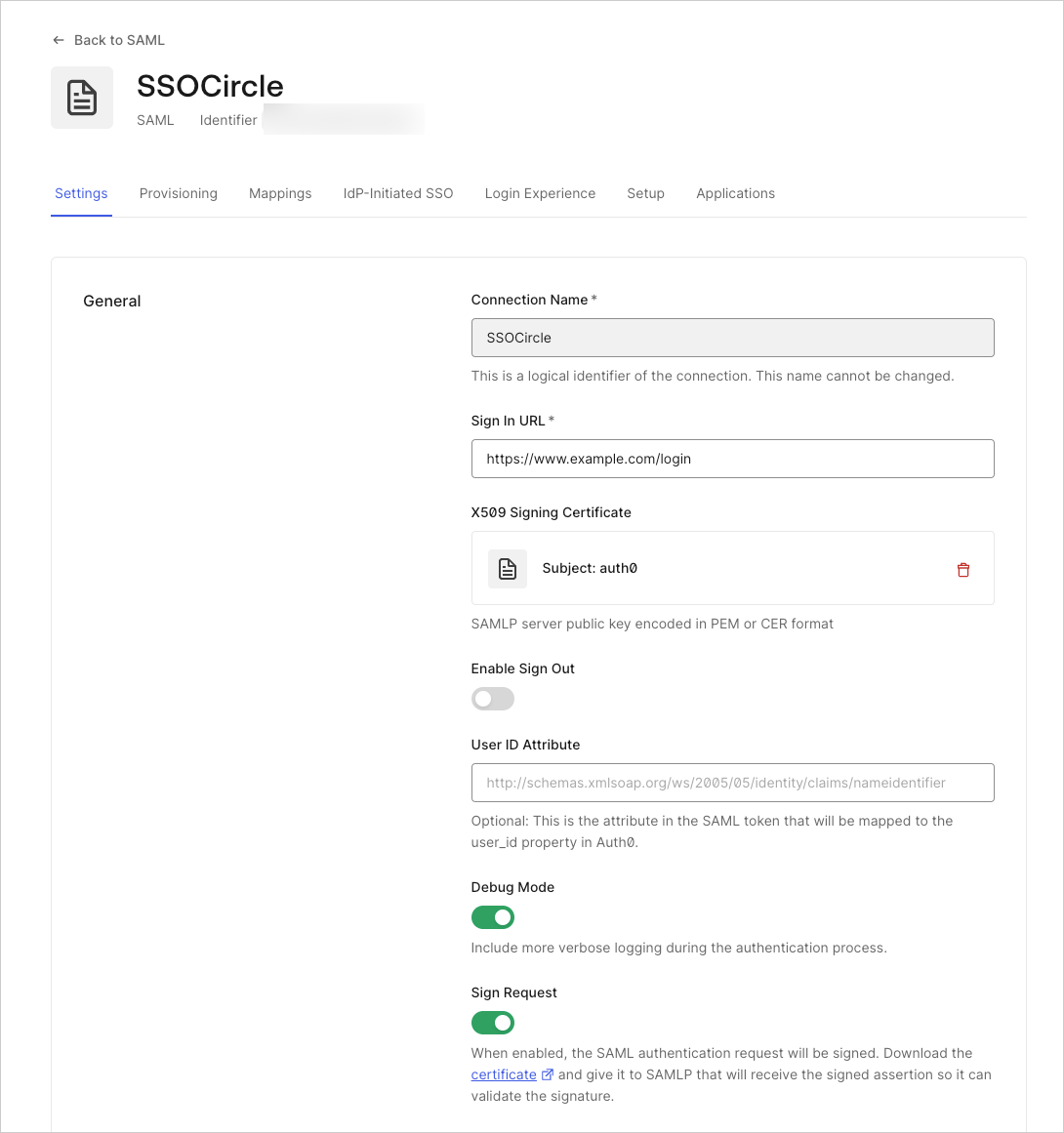 Troubleshoot SAML Connections Enable Debug Mode screen