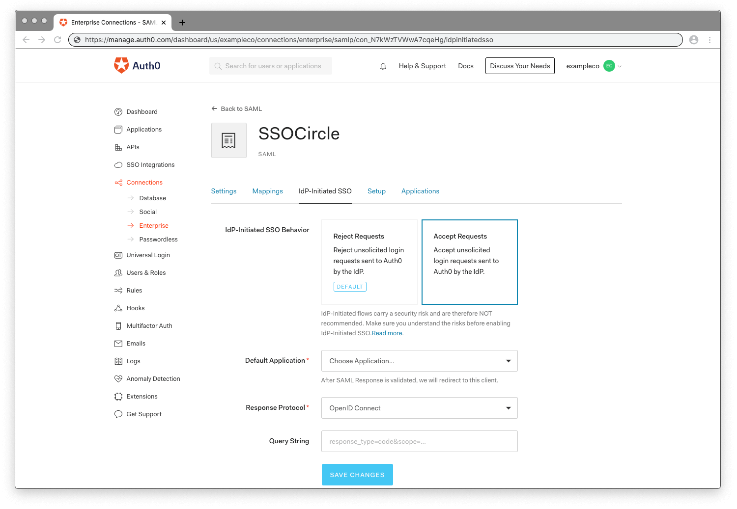 Protocols IdP-initiated SSO Configuration Screen