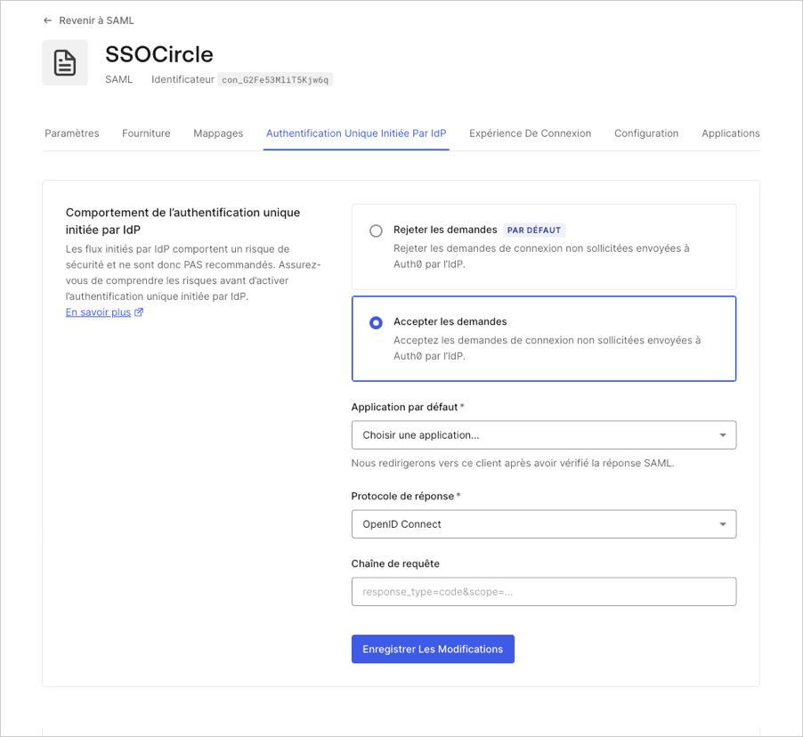 Protocoles Authentification unique (SSO) initiée par un fournisseur d’identité (IdP) Écran de configuration