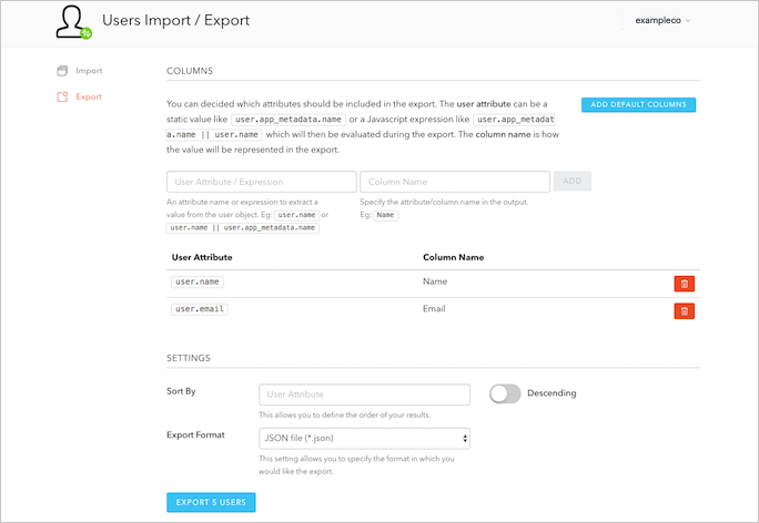 Dashboard Extensions Users Import Export Settings Export Format