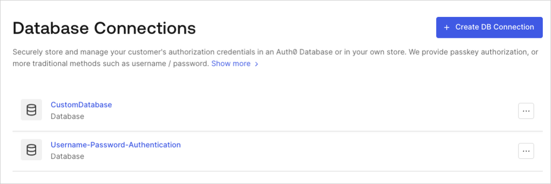 Dashboard - Authentication - Database - Database Connections List