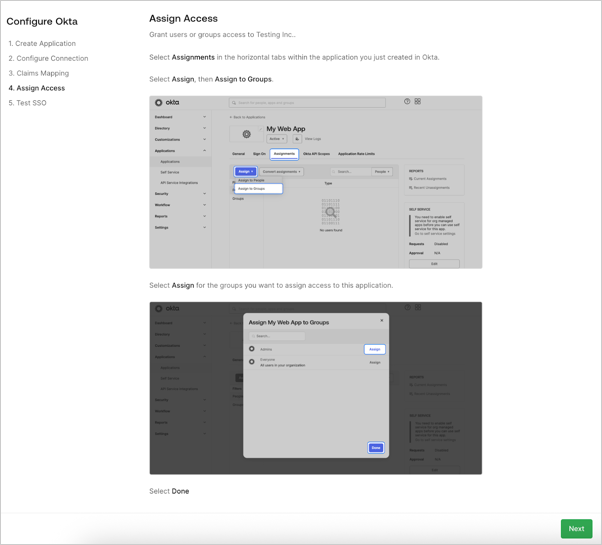 The fifth step of the self-service assistant that customer admins use to configure SSO. 