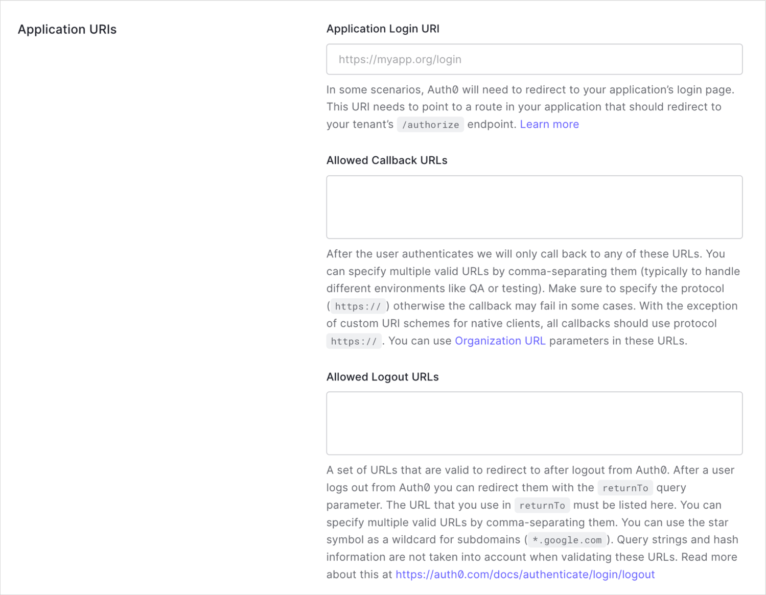 Dashboard Applications Application Settings Application URIs