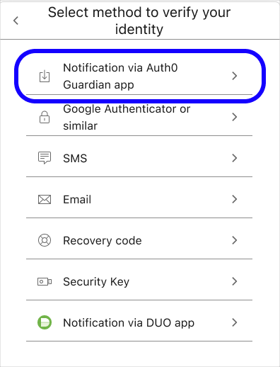 The authentication method selection screen