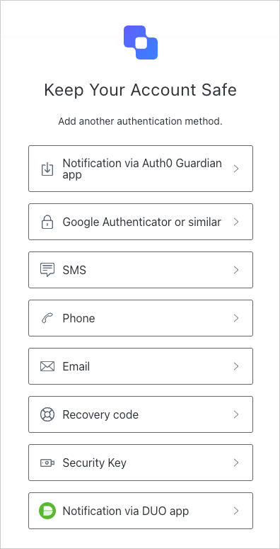 The authentication method selection screen