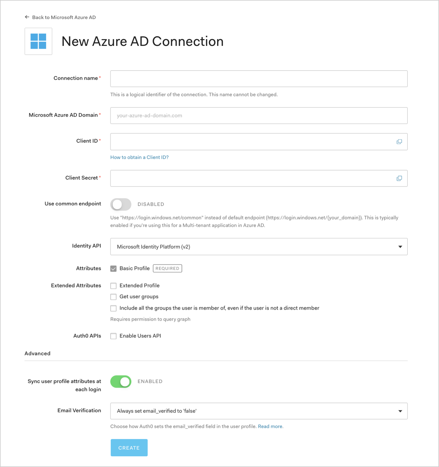 Create new Azure AD connection