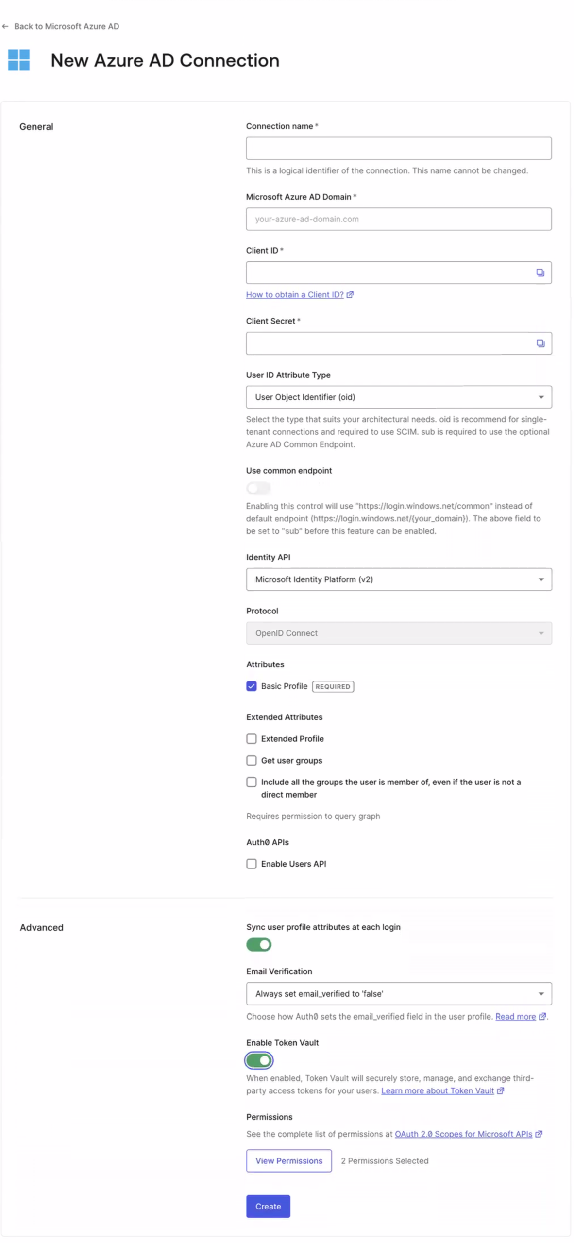 Create new Azure AD connection