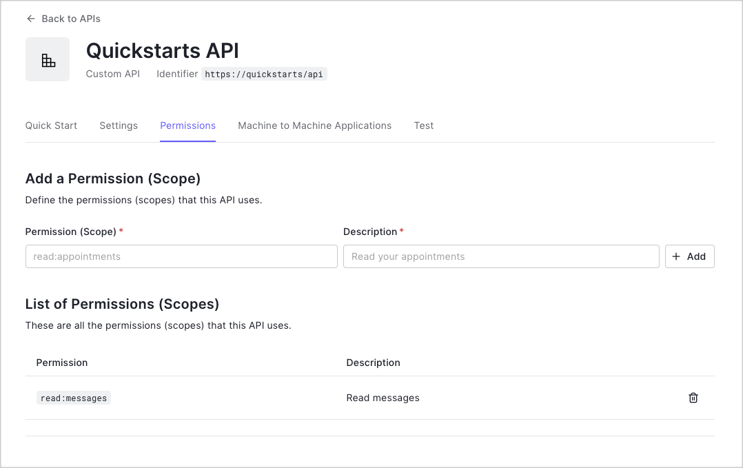 Auth0 Dashboard> Applications > APIs > [Specific API] > Permissions tab