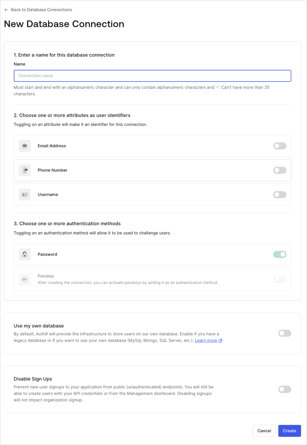 Dashboard - Authentication - Database - New DB Connection