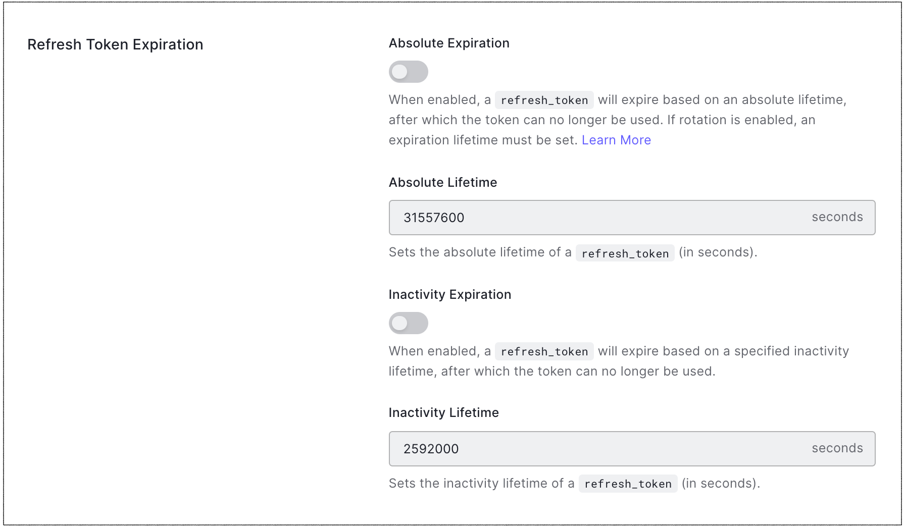 Dashboard Applications Applications Settings Tab Refresh Token Expiration