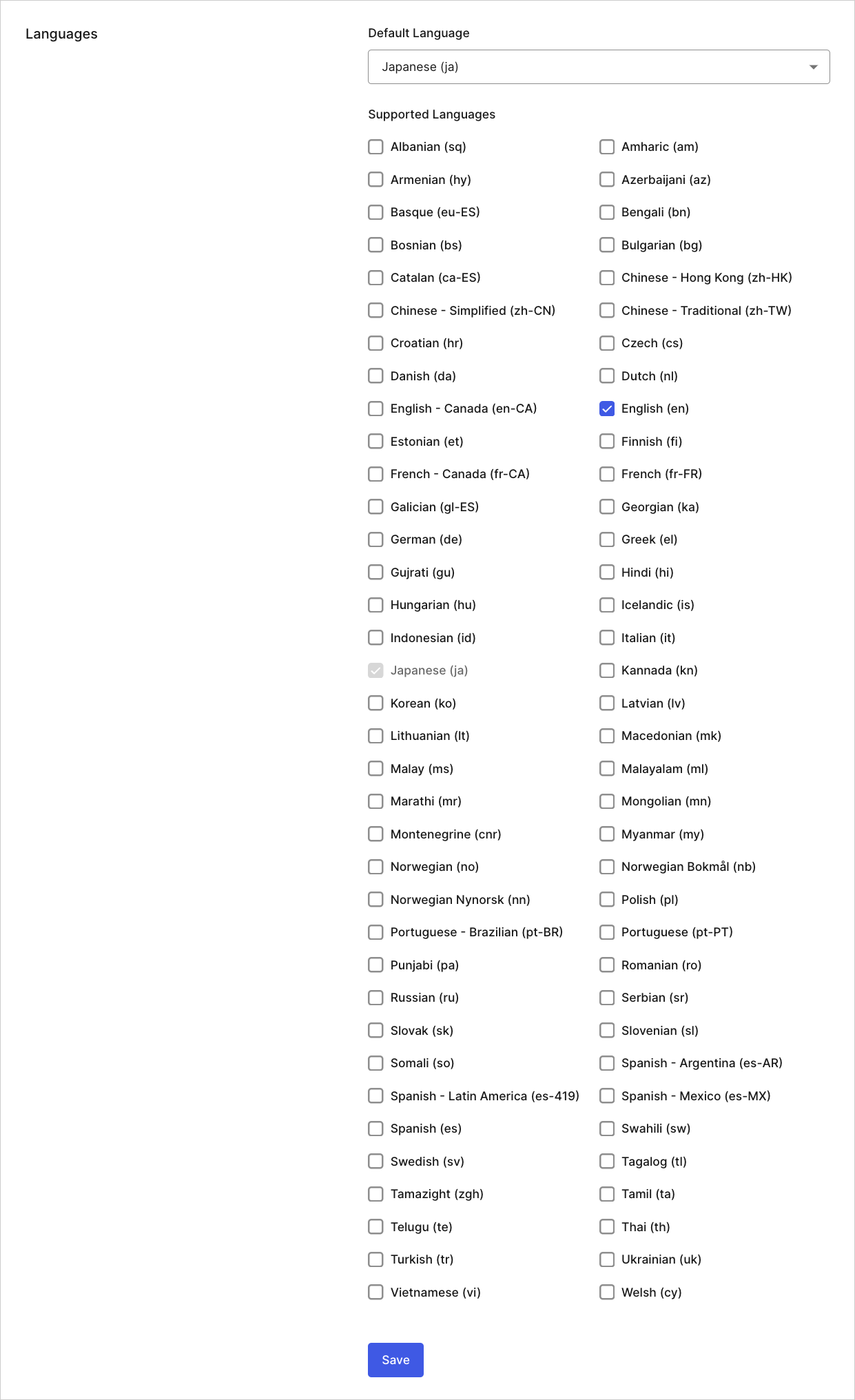 Dashboard Tenant Settings General Tab Languages