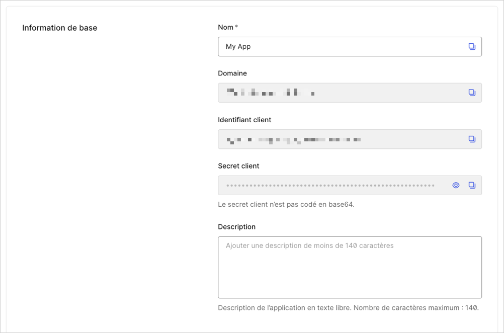 Dashboard Onglet Paramètres d’application Information de base