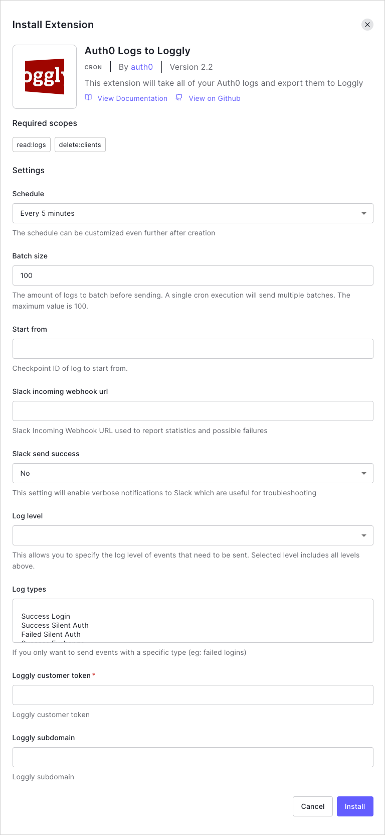 Dashboard - Extensions - Loggly - Extension Mgmt Loggly