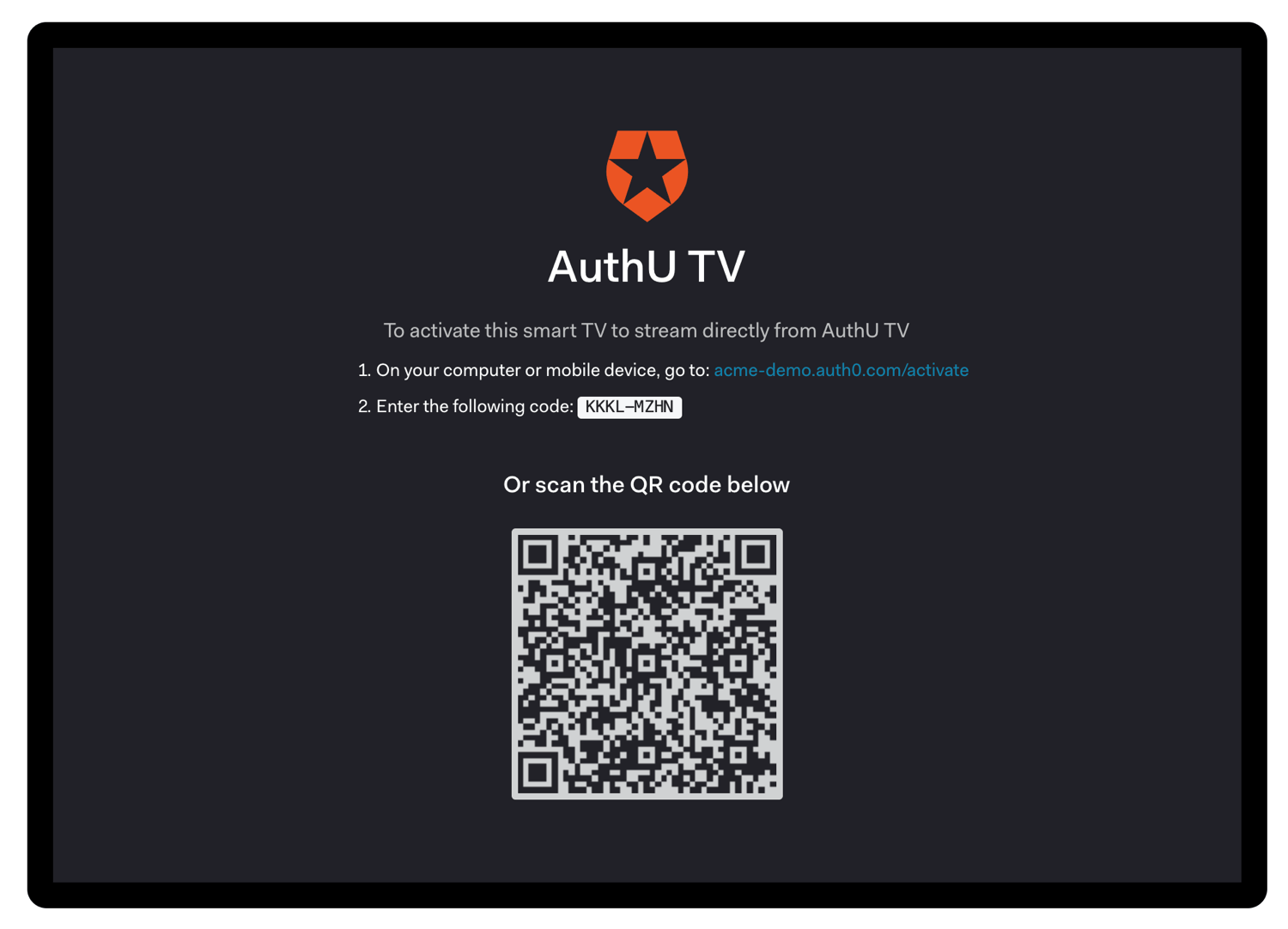 Auth0 Flows Device Authorization Request, sample page showing two activation methods, user_code and QR code