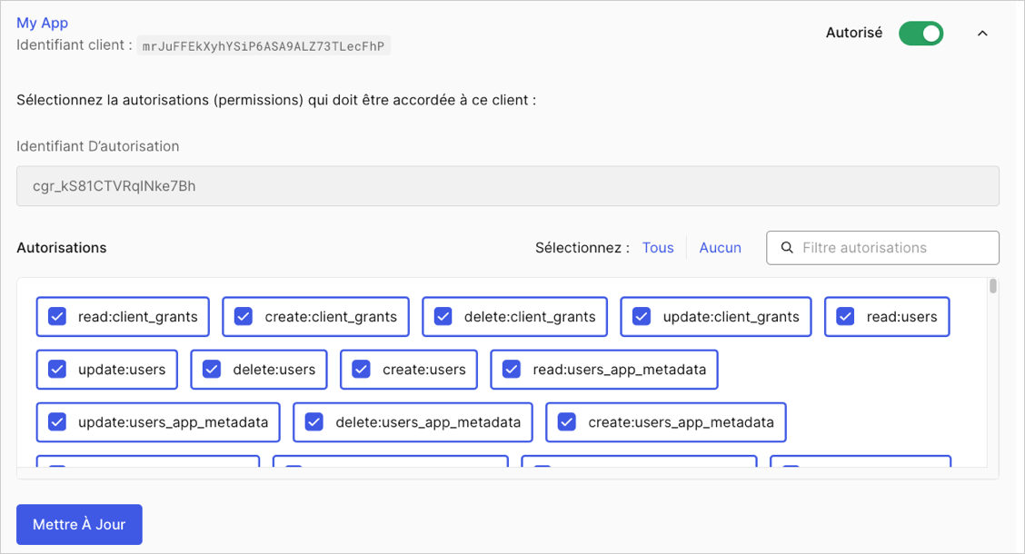 Auth0 Dashboard > APIs > Management API >  M2M Tab > App Permissions