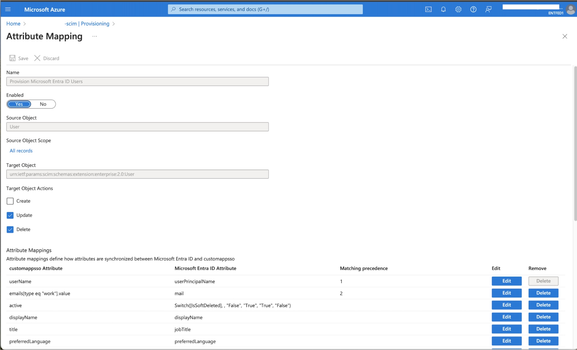 Attribute Mapping on Azure for Inbound SCIM