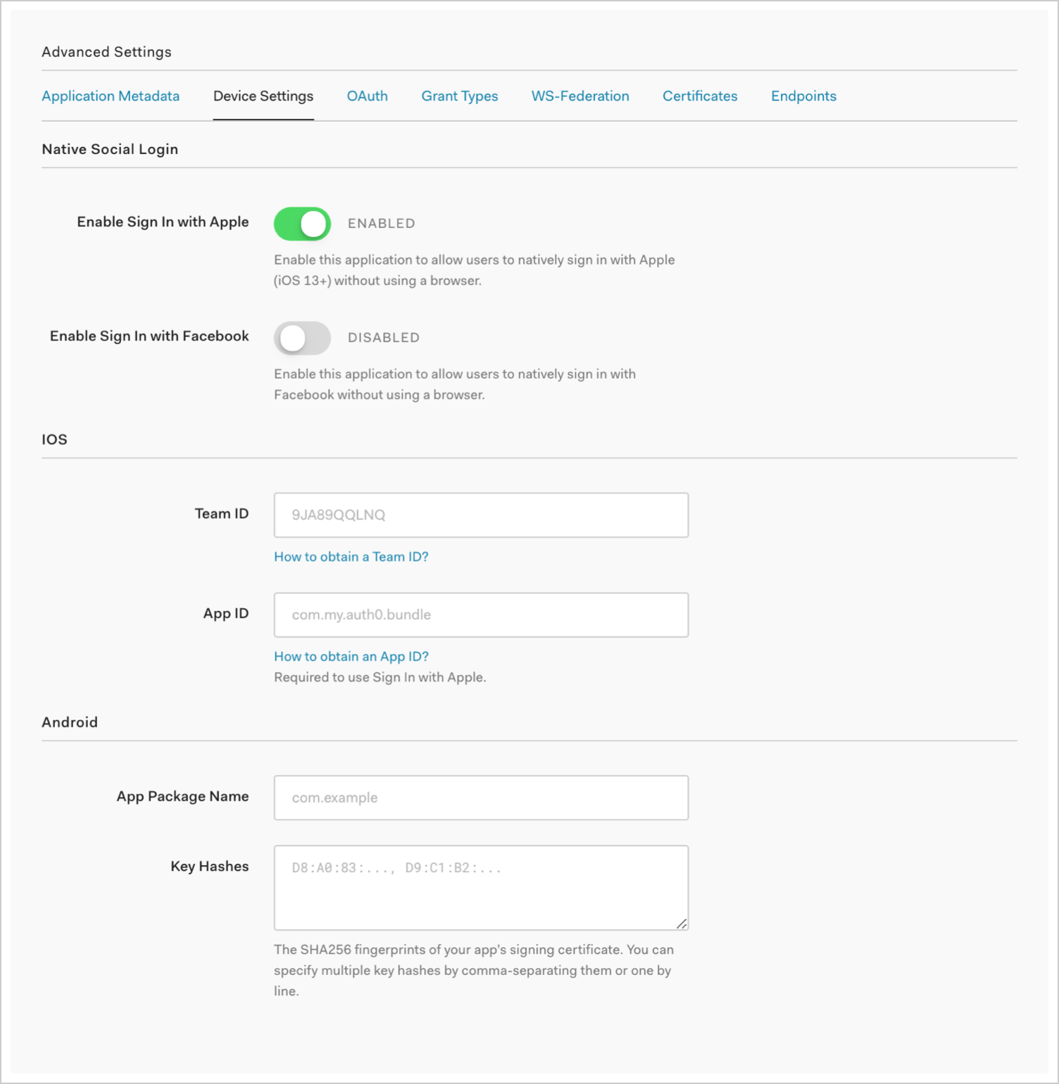 Application Client Settings: Advanced Device Settings