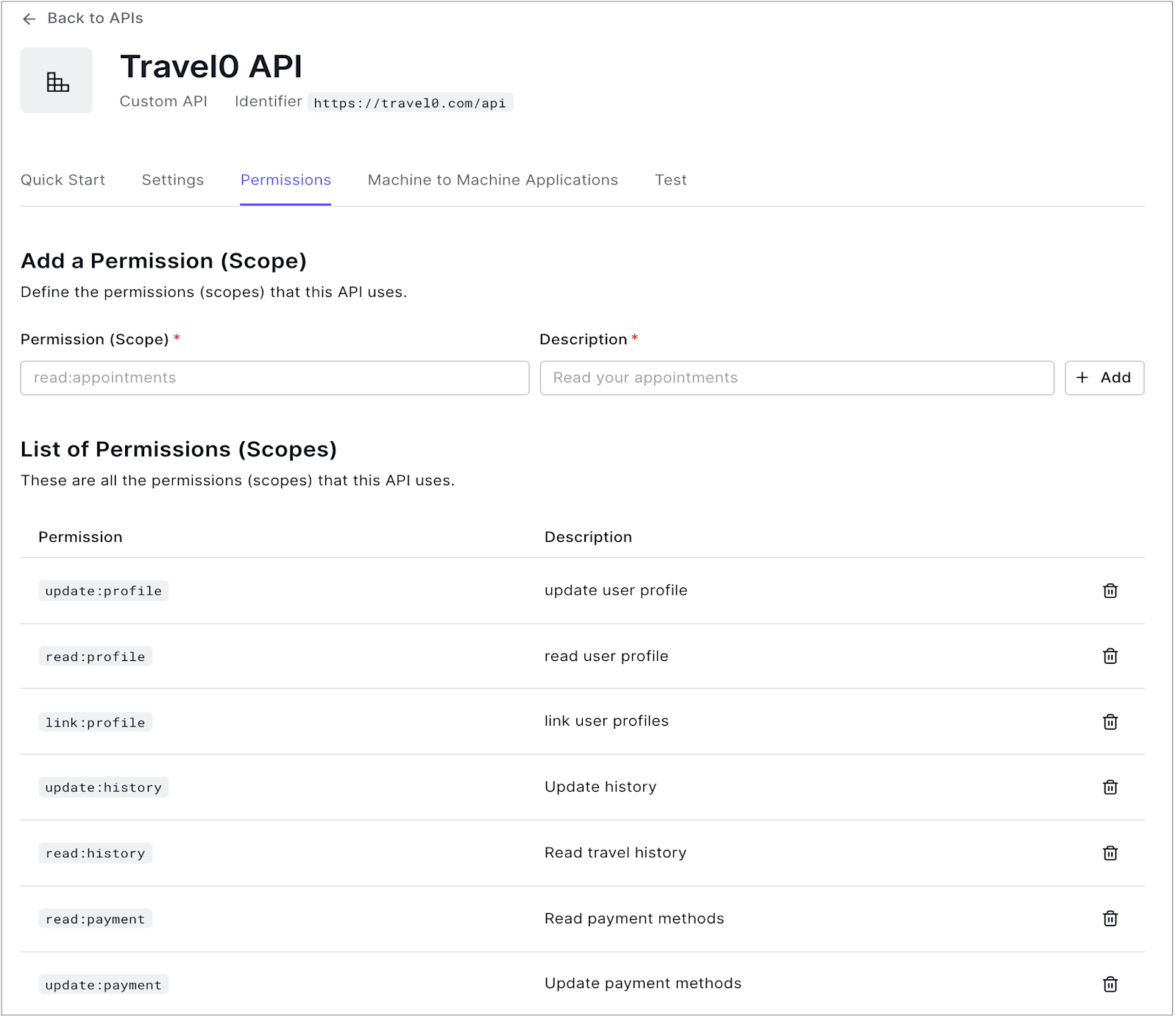 Dashboard Add API Permissions API Define Permissions Screen