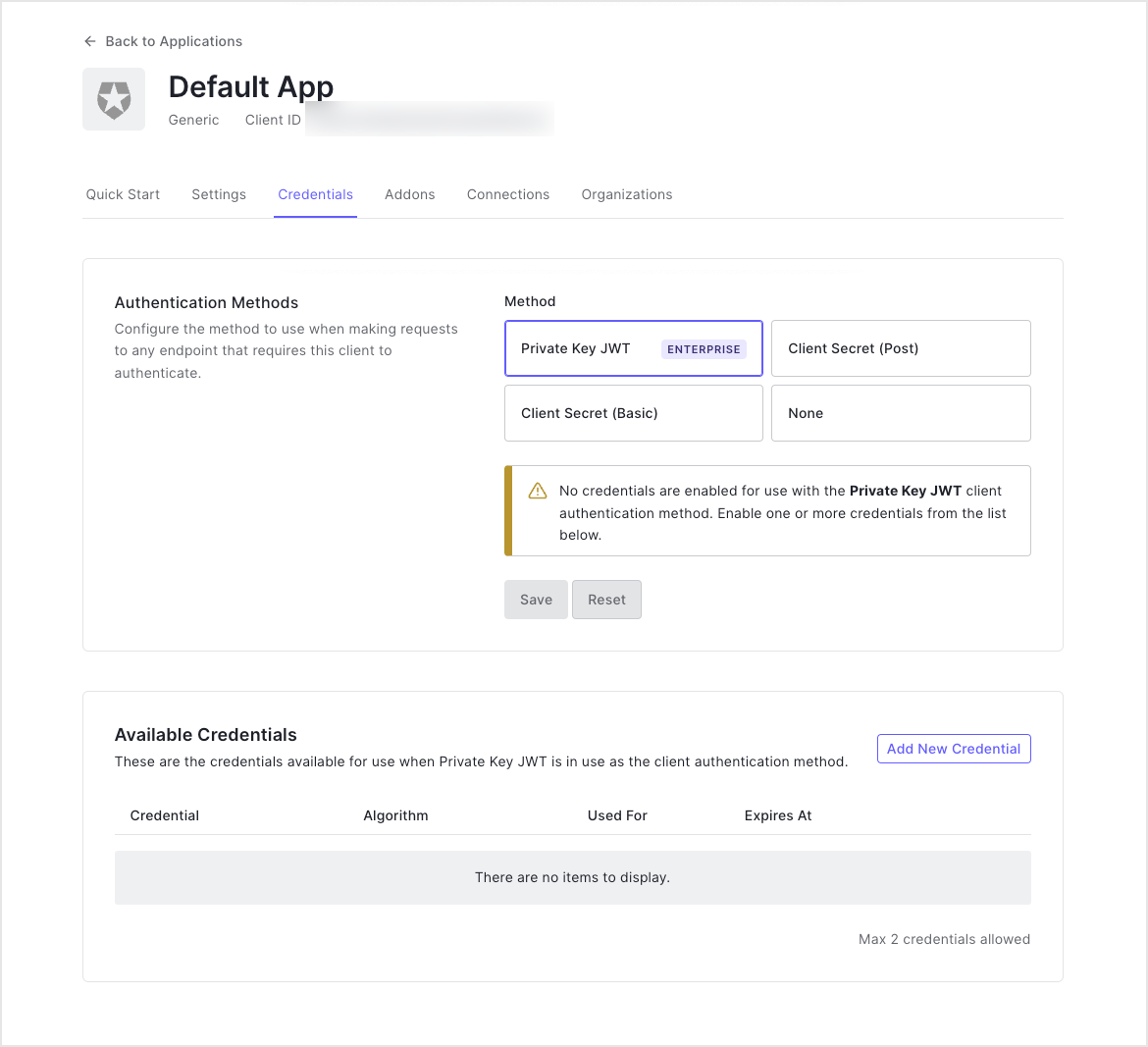 Configure Private Key JWT Authentication - Auth0 Dashboard instructions