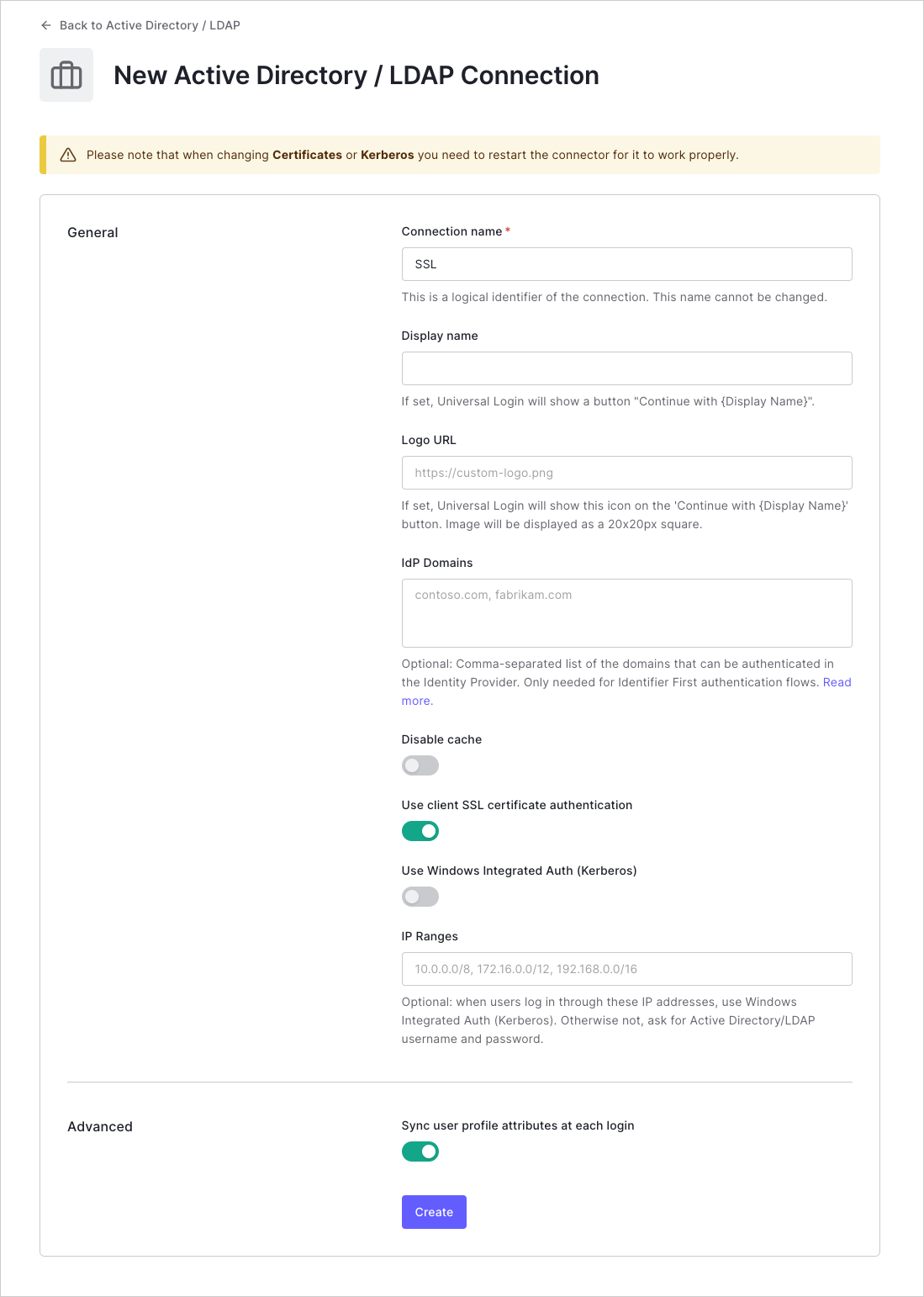 Dashboard - Connections - Enterprise - AD/LDAP - SSL