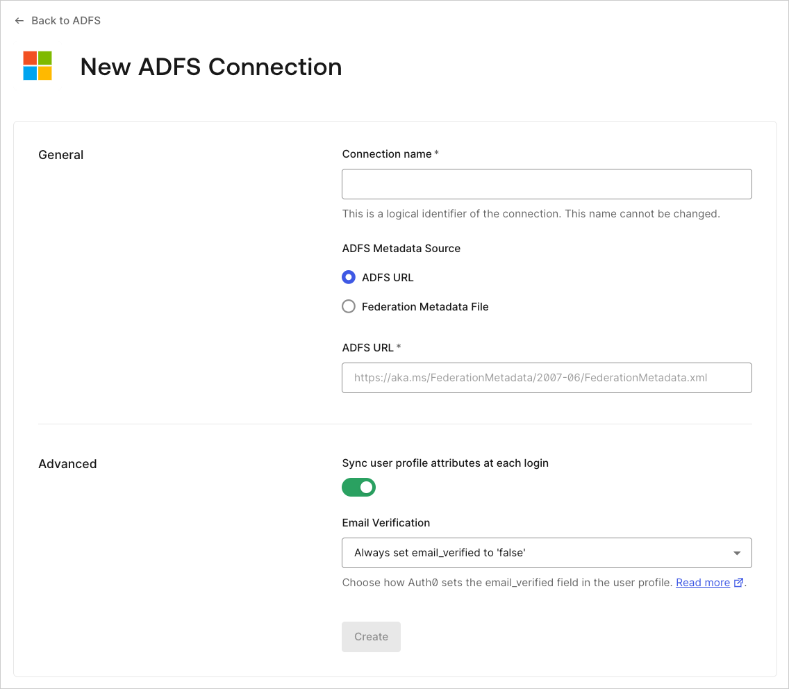 Protocols WS-Fed Import Federation Metadata File ADFS Connection Screen