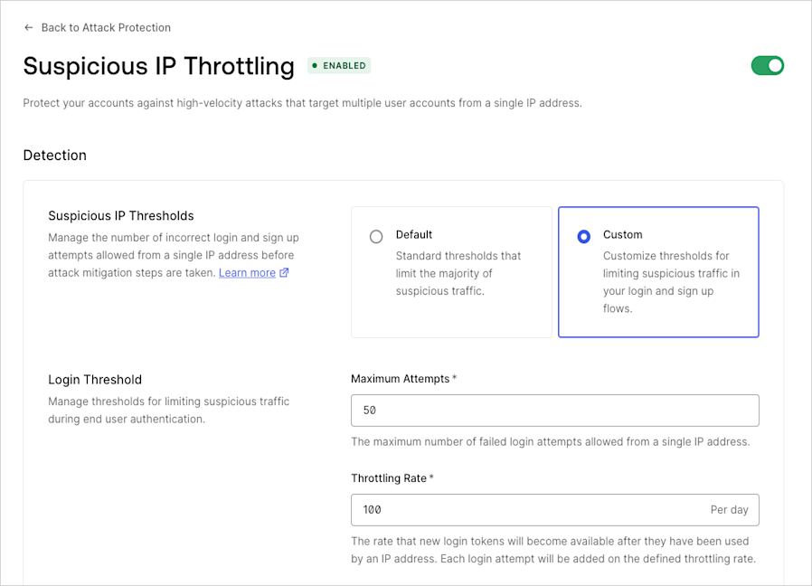 Auth0 suspicious IP throttling settings 