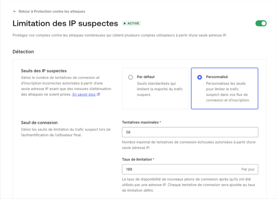 Paramètres de limitation des adresses IP suspectes d’Auth0 