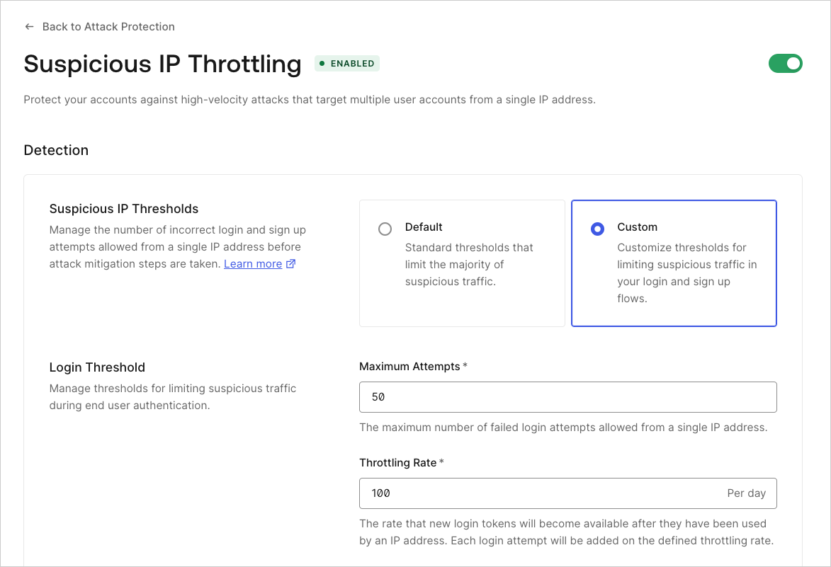 Auth0 suspicious IP throttling settings 