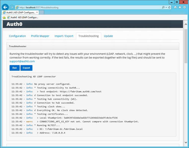 Troubleshoot AD/LDAP Connector Admin Console Troubleshooting Screen