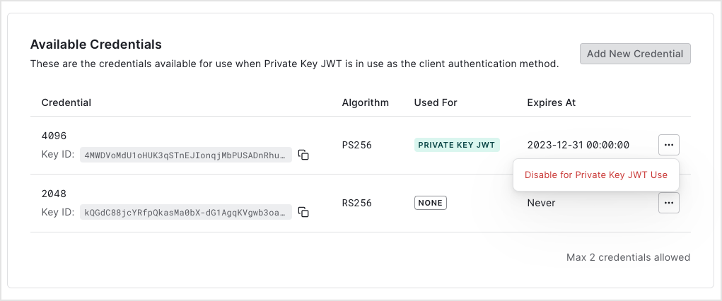 Auth0 Dashboard - Applications - Application Settings - Credential tab - disable credential