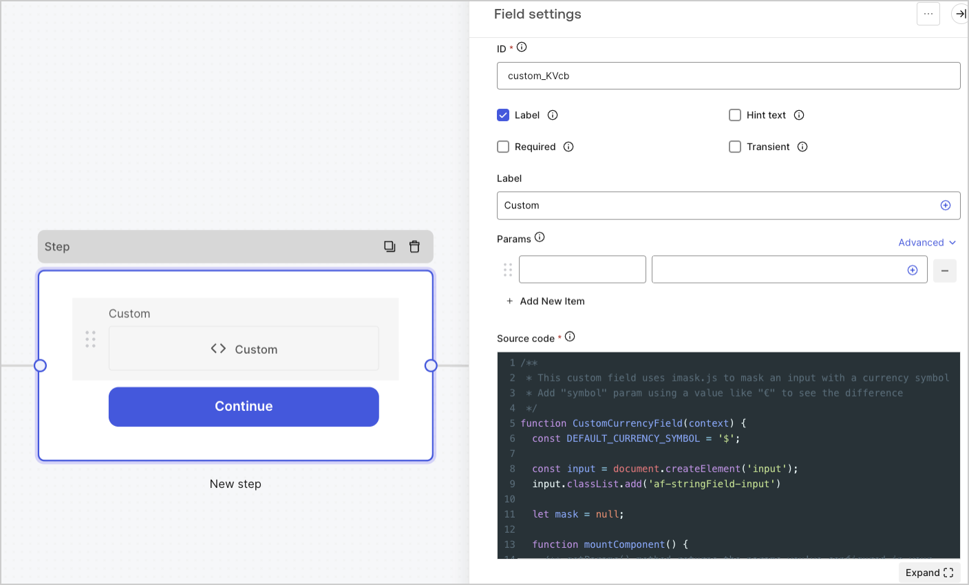 Dashboard > Actions > Forms > Custom field