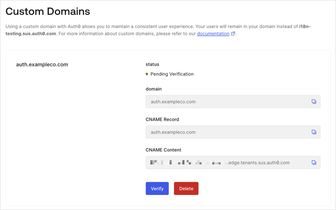 Auth0 Branding Custom Domains Auth0-Managed Certificate Verify Domain