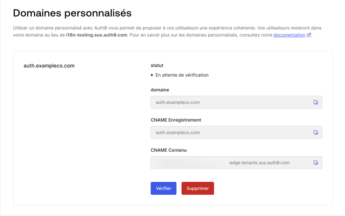 Auth0 - Branding (Image de marque) - Custom Domains (Domaines personnalisés) - Auth0-Managed Certificate (Certificats gérés par Auth0) - Verify Domain (Vérifier le domaine)
