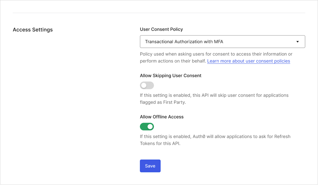 Dashboard > Applications > APIs > Settings > Access Settings