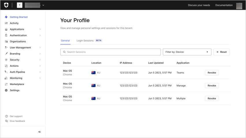 Auth0 Dashboard > Profile