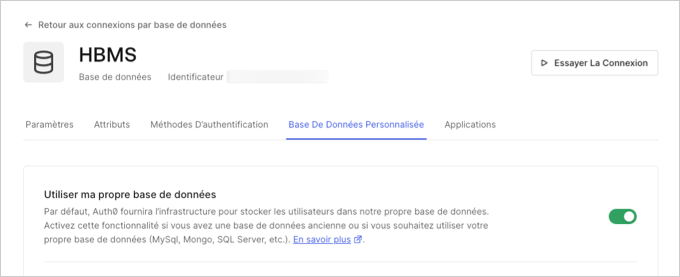 Activer l’option Base de données personnalisée Utiliser ma propre base de données