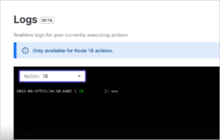Screen that appears in the dashboard when you navigate to Actions and then navigate to Actions Logs. Version 18 has been selected from the dropdown and logs are displaying.