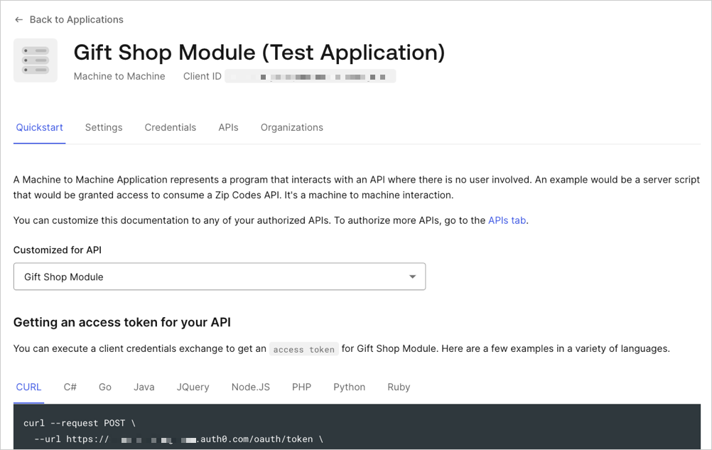 Dashboard - Applications - APIs - Quickstart