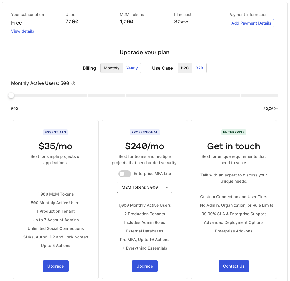 Auth0 Tenant Settings Subscription tab