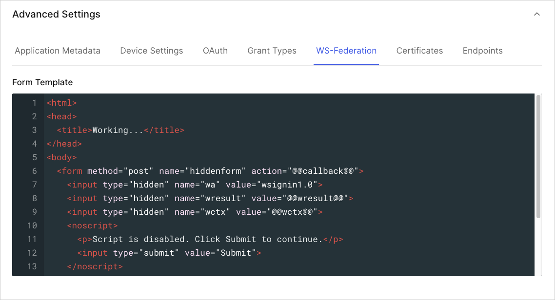 Dashboard Applications Application Settings Tab Advanced WS-Federation tab