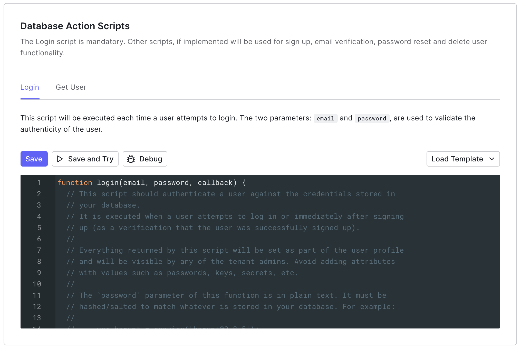 Dashboard Authentication Database Connection Custom Database tab Database Action Scripts