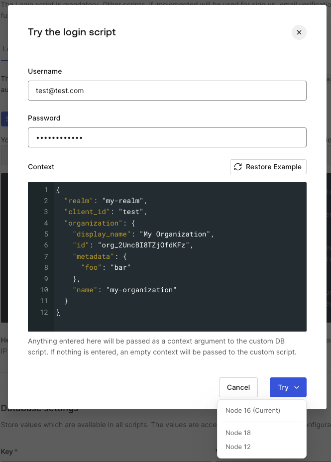 Custom DB script testing with specific Node version