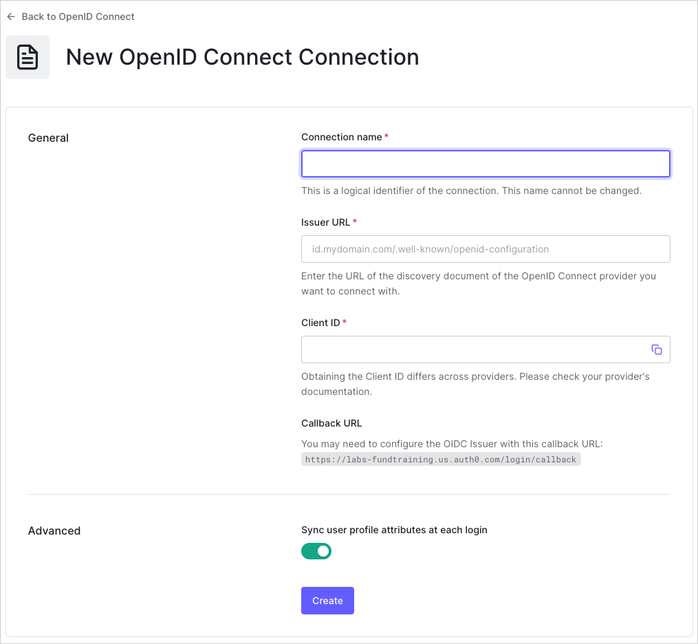 Enter OIDC Connection Details