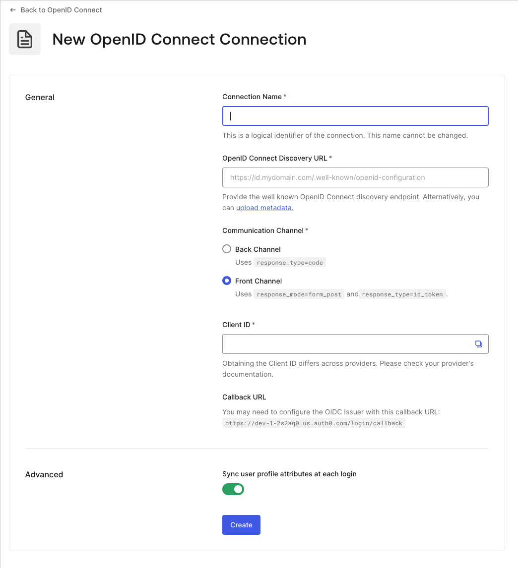 Enter OIDC Connection Details