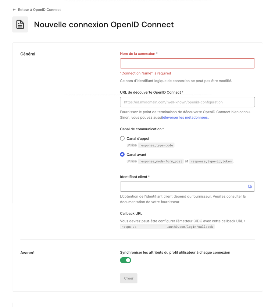Saisissez les détails de Connexion OIDC