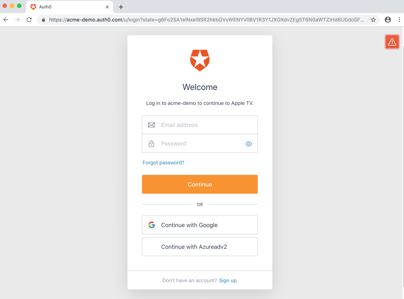 Auth0 Flows Device Authorization User authorization prompt directing the user to log in with email and password or with Google or another identity