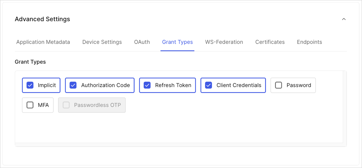 Dashboard Applications Application Settings Tab Advanced Settings Grant Types tab