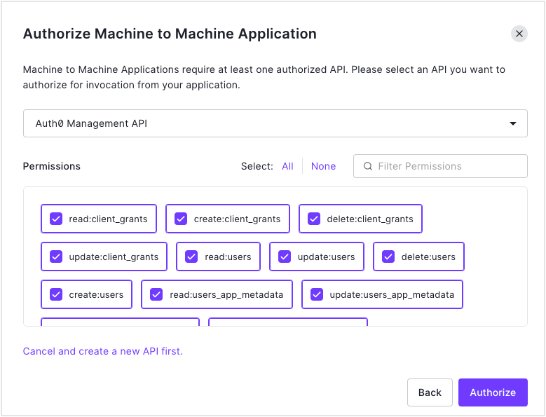Dashboard - Applications - Create Application - M2M - Select API - Mgmt API